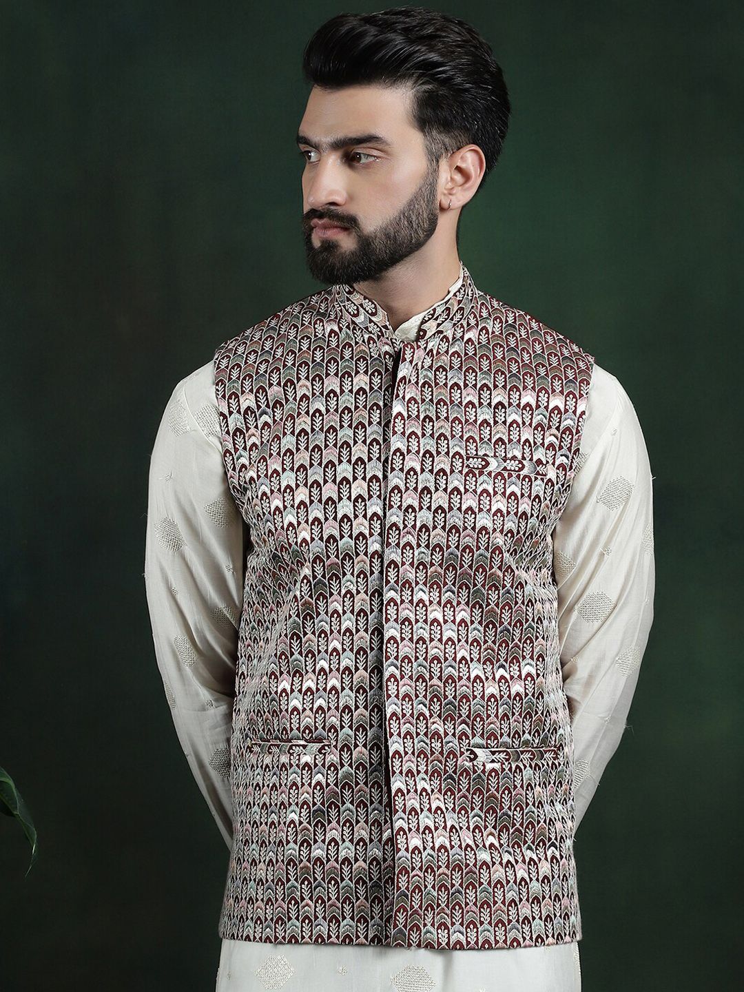 SOJANYA Jaket Nehru Tenunan Geometri Lelaki