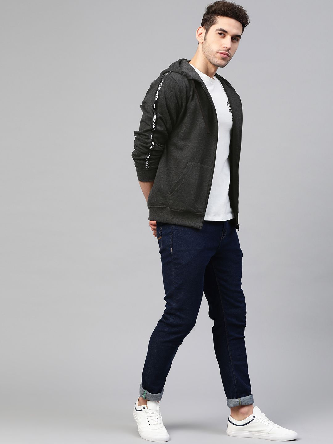 Park Avenue Men Charcoal Grey Solid Hooded Sweatshirt
