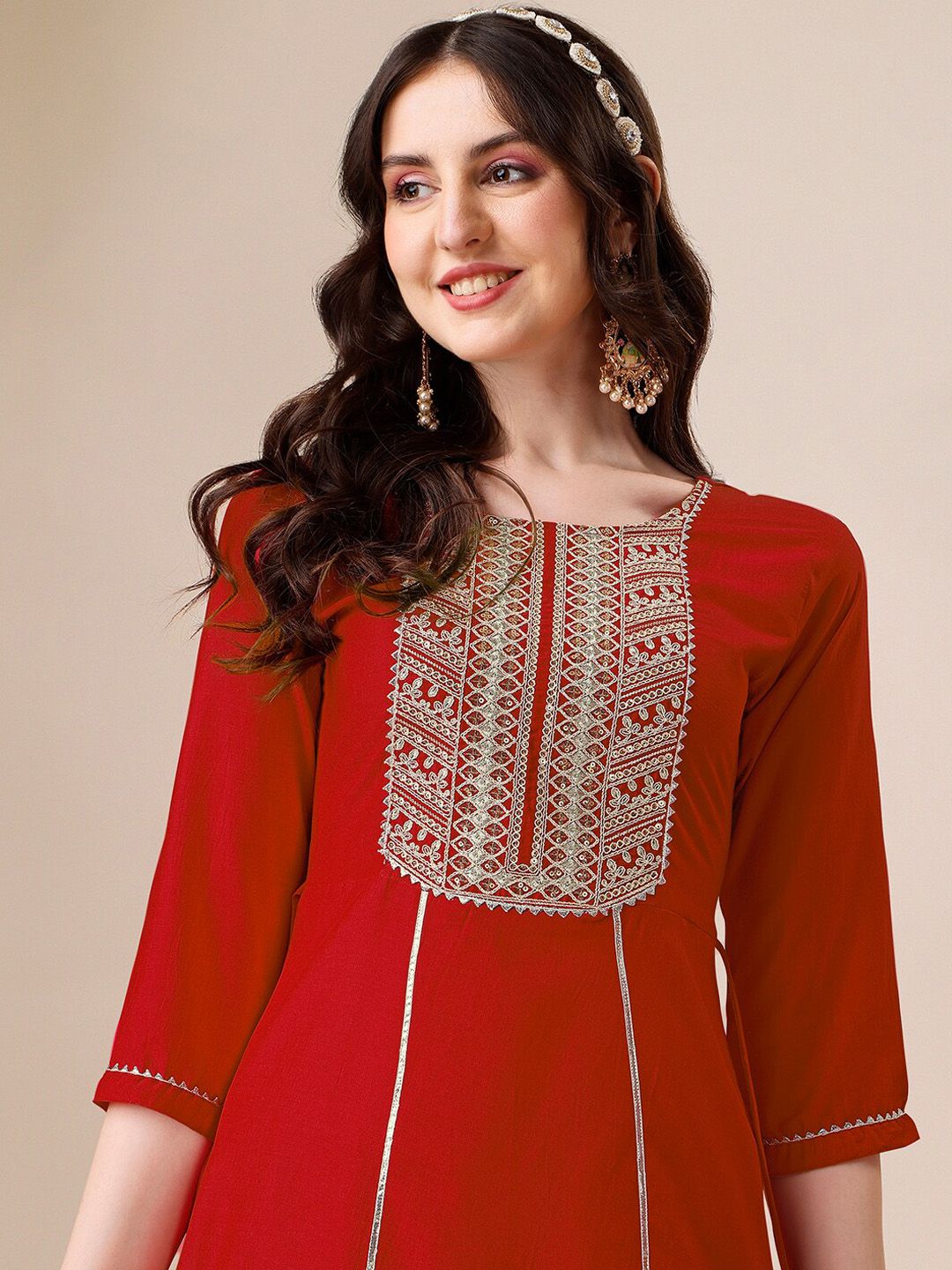 KALINI Ethnic Motifs Embroidered Zardozi A-Line Kurta With Palazzos & Dupatta