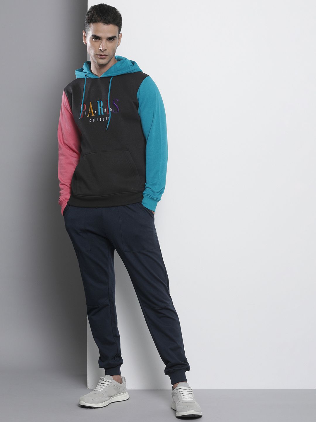 The Indian Garage Co Men Black Embroidered Hooded Sweatshirt