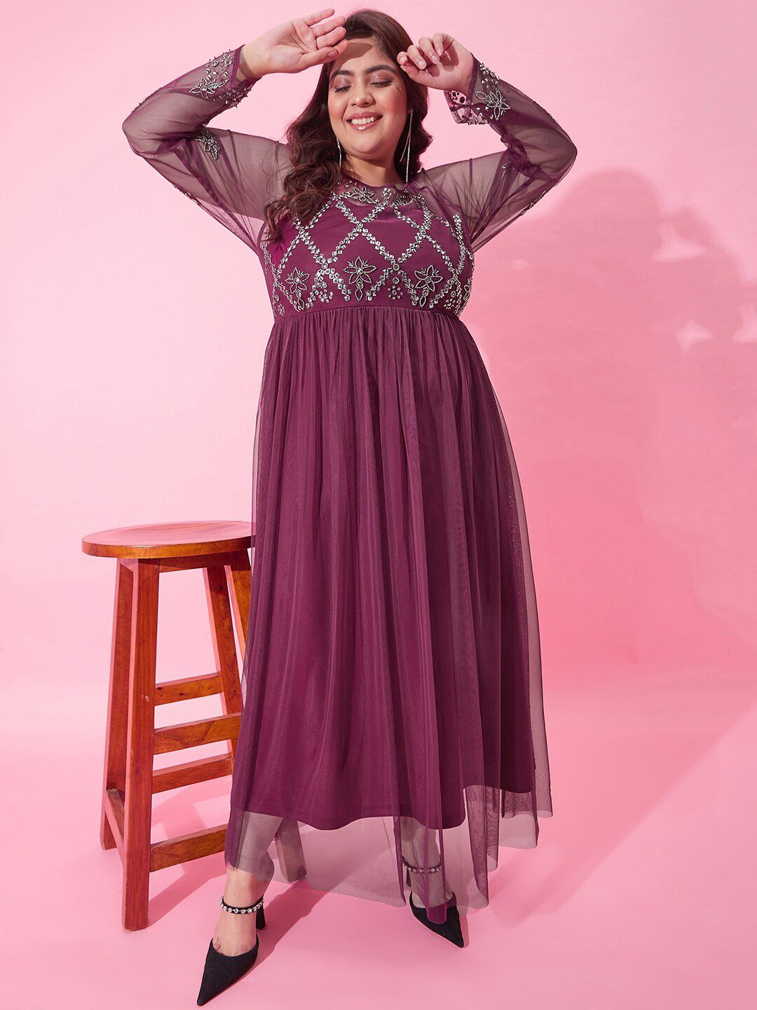 CURVY STREET Embellished Net Maxi Dress