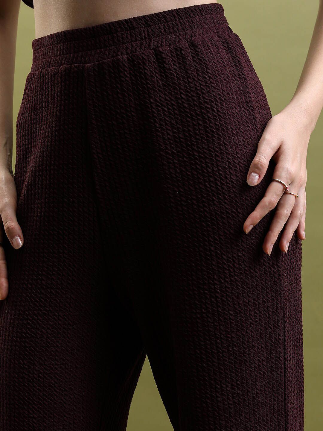 Tokyo Talkies Burgundy Self-Design Round Neck Tunic & Trousers
