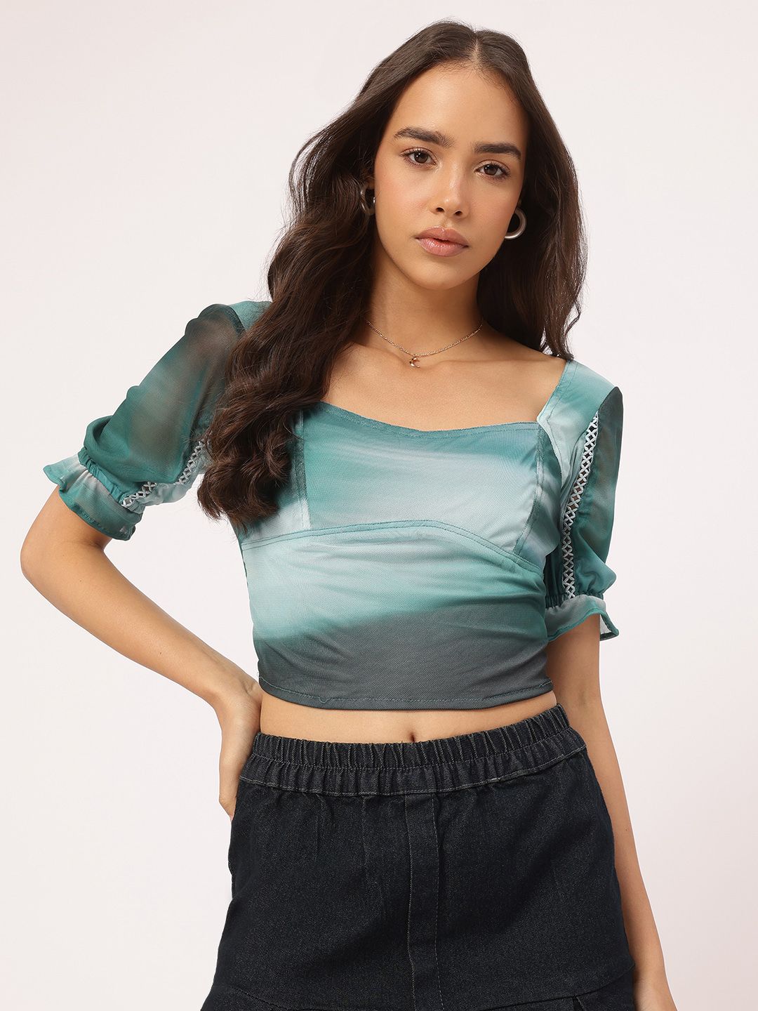 DressBerry Mesh Magic Tie & Dye Lace Insert Crop Top