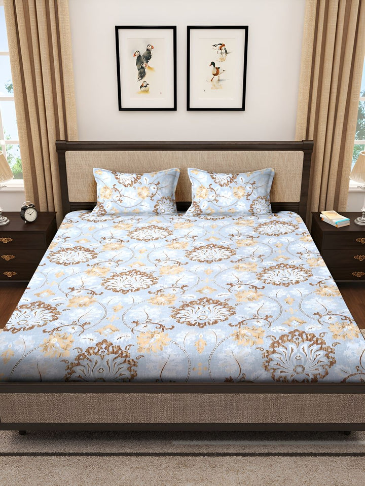 KLOTTHE Blue & Brown Floral Printed 300 TC Double King Bedsheet With 2 Pillow Covers