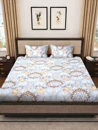 KLOTTHE Blue & Brown Floral Printed 300 TC Double King Bedsheet With 2 Pillow Covers