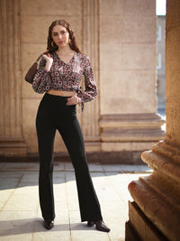 all about you Satin Finish Printed Puff Sleeves Wrap Crop Top