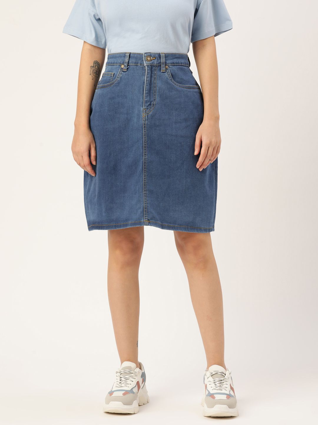 DressBerry Blue Solid Casual Denim Straight Skirt