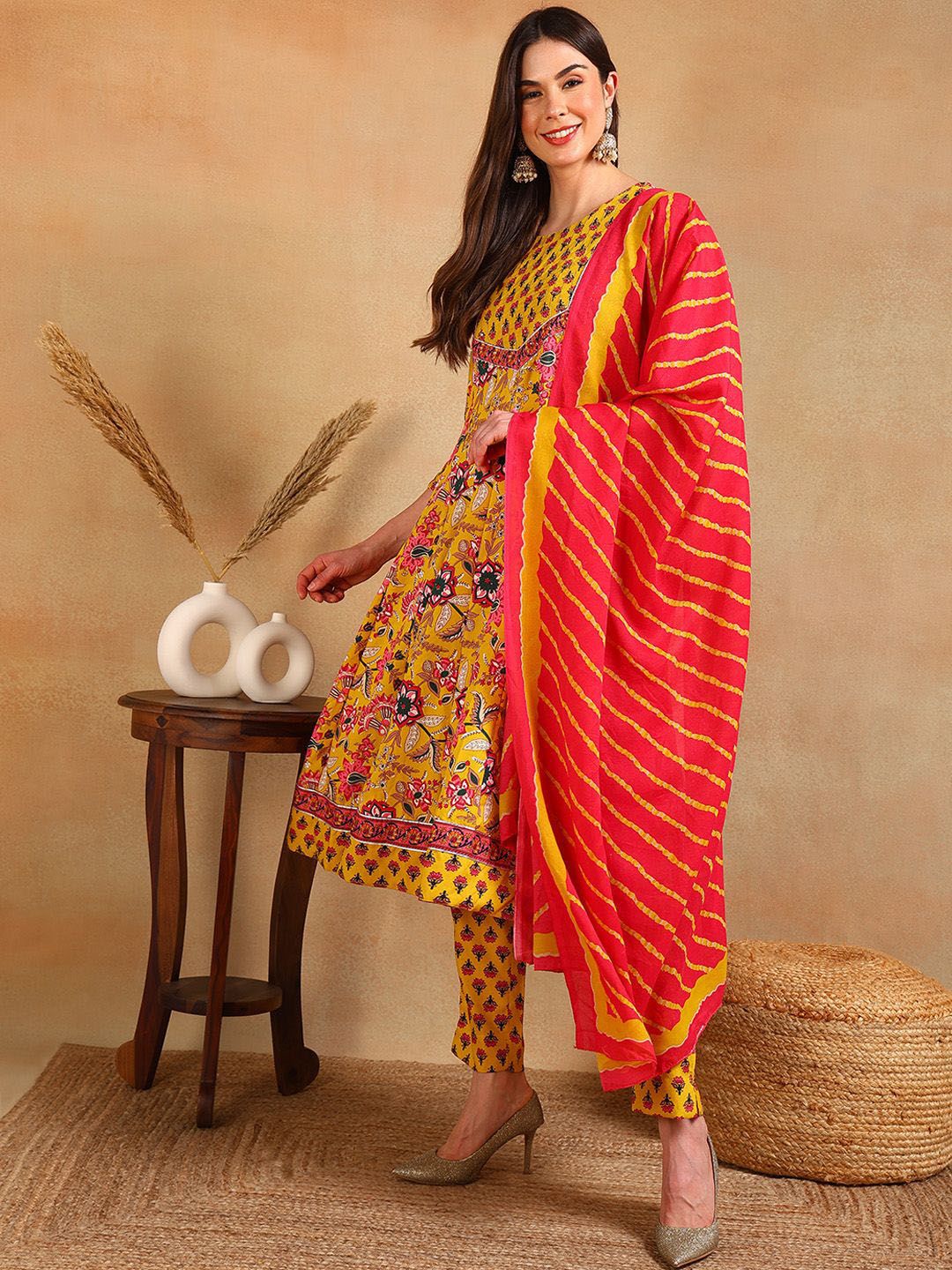 KALINI Floral Printed Round Neck Anarkali Kurta with Trousers & With Dupatta