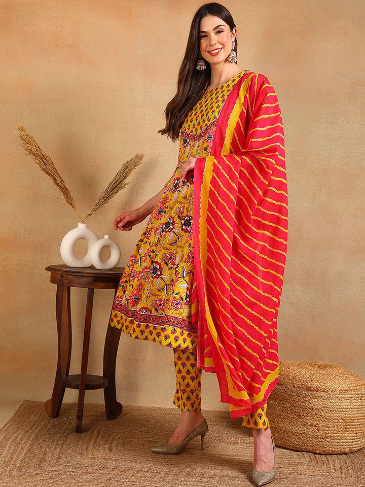 KALINI Floral Printed Round Neck Anarkali Kurta with Trousers & With Dupatta