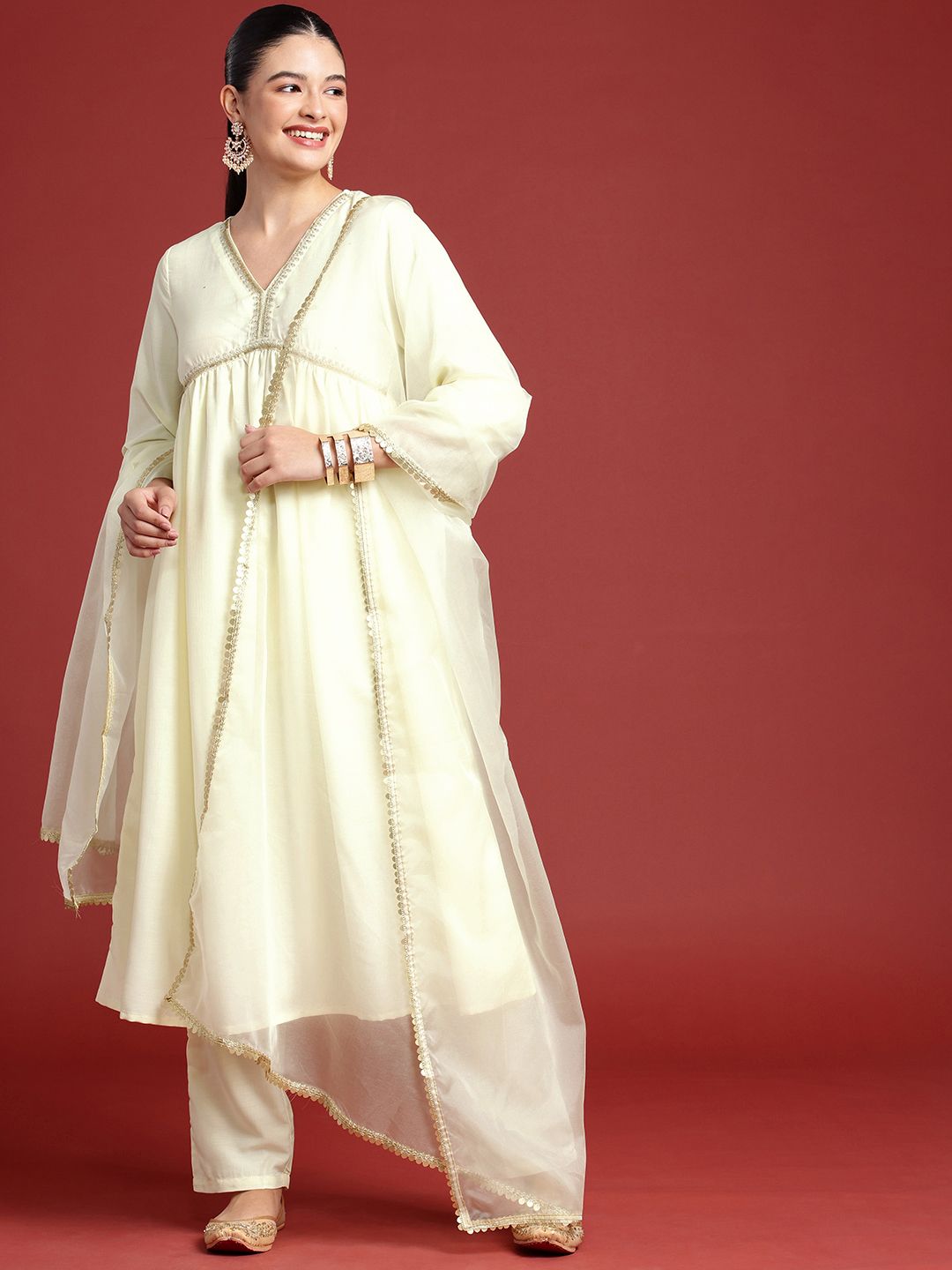 all about you Empire Sequinned Kurta with Trousers & With Dupatta