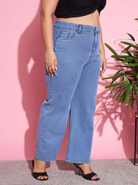SASSAFRAS Curve Women Plus Size Straight Fit High-Rise Low Distress Stretchable Jeans