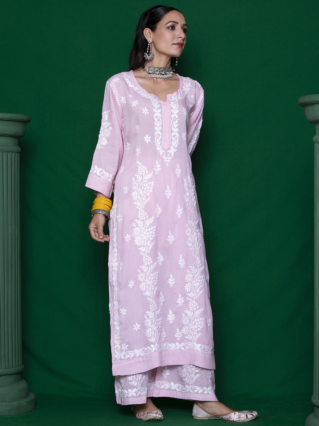 House of Chikankari Women Pink Modal Chikankari Embroidered Kurta Set