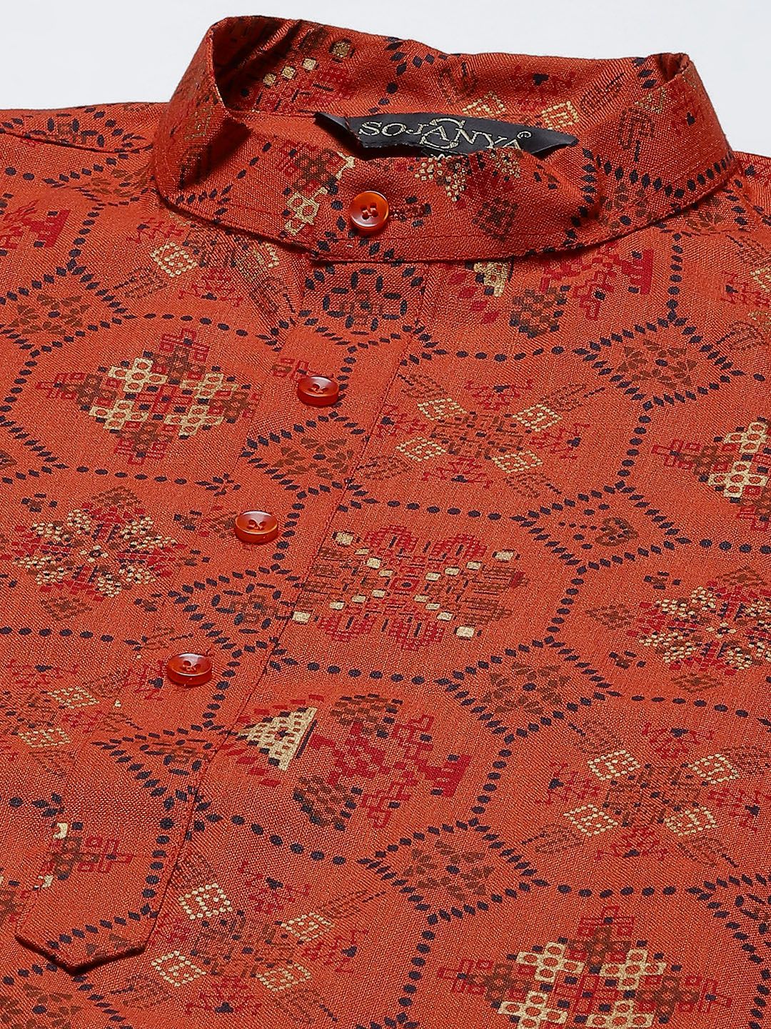 SOJANYA Men Orange Printed Kurta with Pyjamas & Nehru Jacket