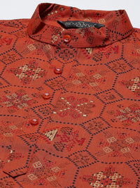 SOJANYA Men Orange Printed Kurta with Pyjamas & Nehru Jacket