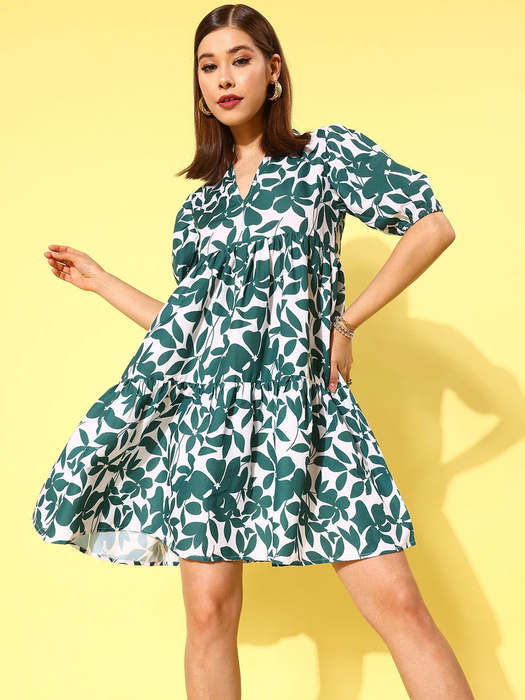 Berrylush Floral Print Puff Sleeves A-Line Mini Dress