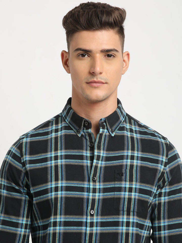 THE BEAR HOUSE Button-Down Collar Tartan Checks Long Sleeves Slim Fit Cotton Casual Shirt