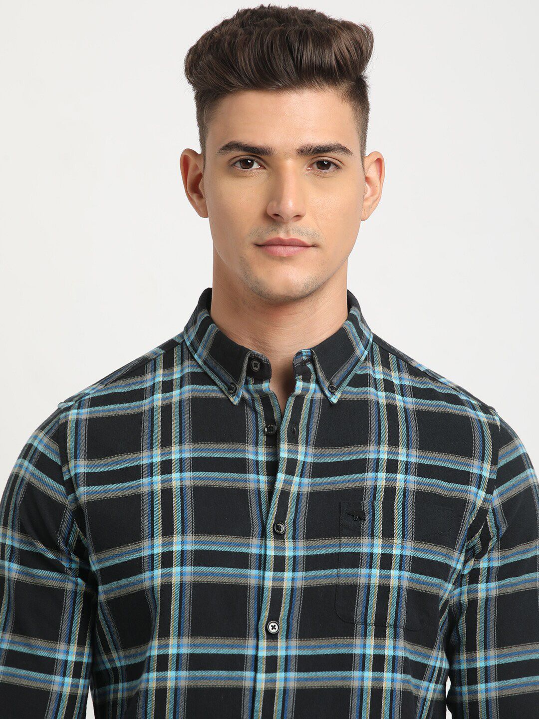 THE BEAR HOUSE Button-Down Collar Tartan Checks Long Sleeves Slim Fit Cotton Casual Shirt