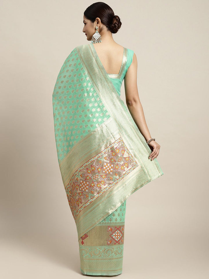 Saree mall Green & Golden Silk Cotton Woven Design Banarasi Saree
