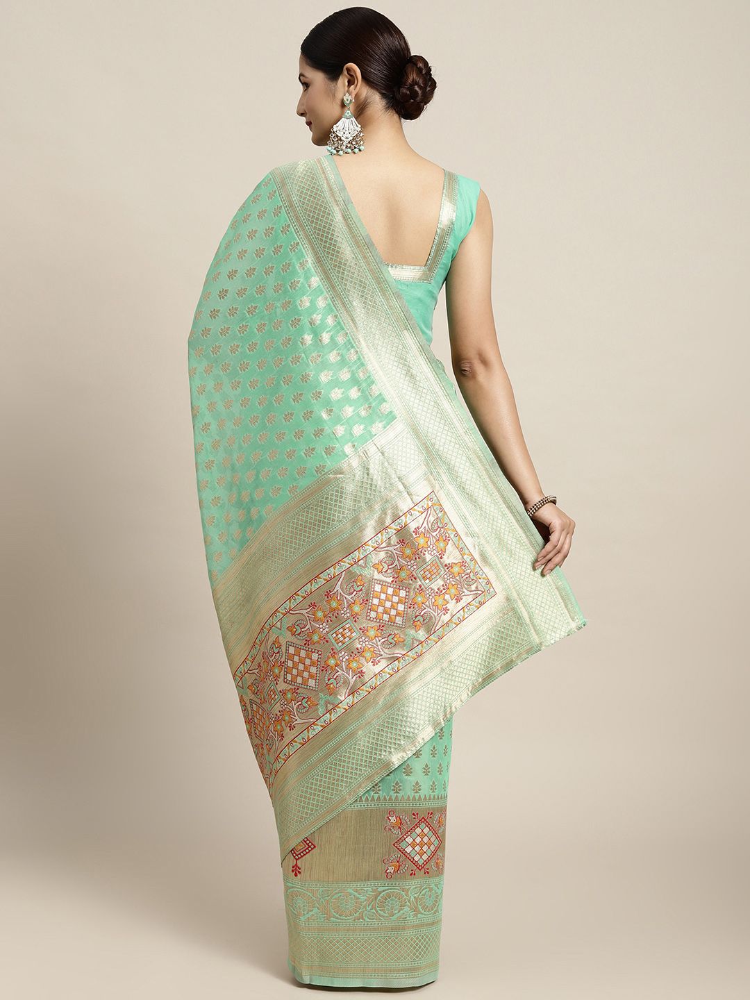 Saree mall Green & Golden Silk Cotton Woven Design Banarasi Saree