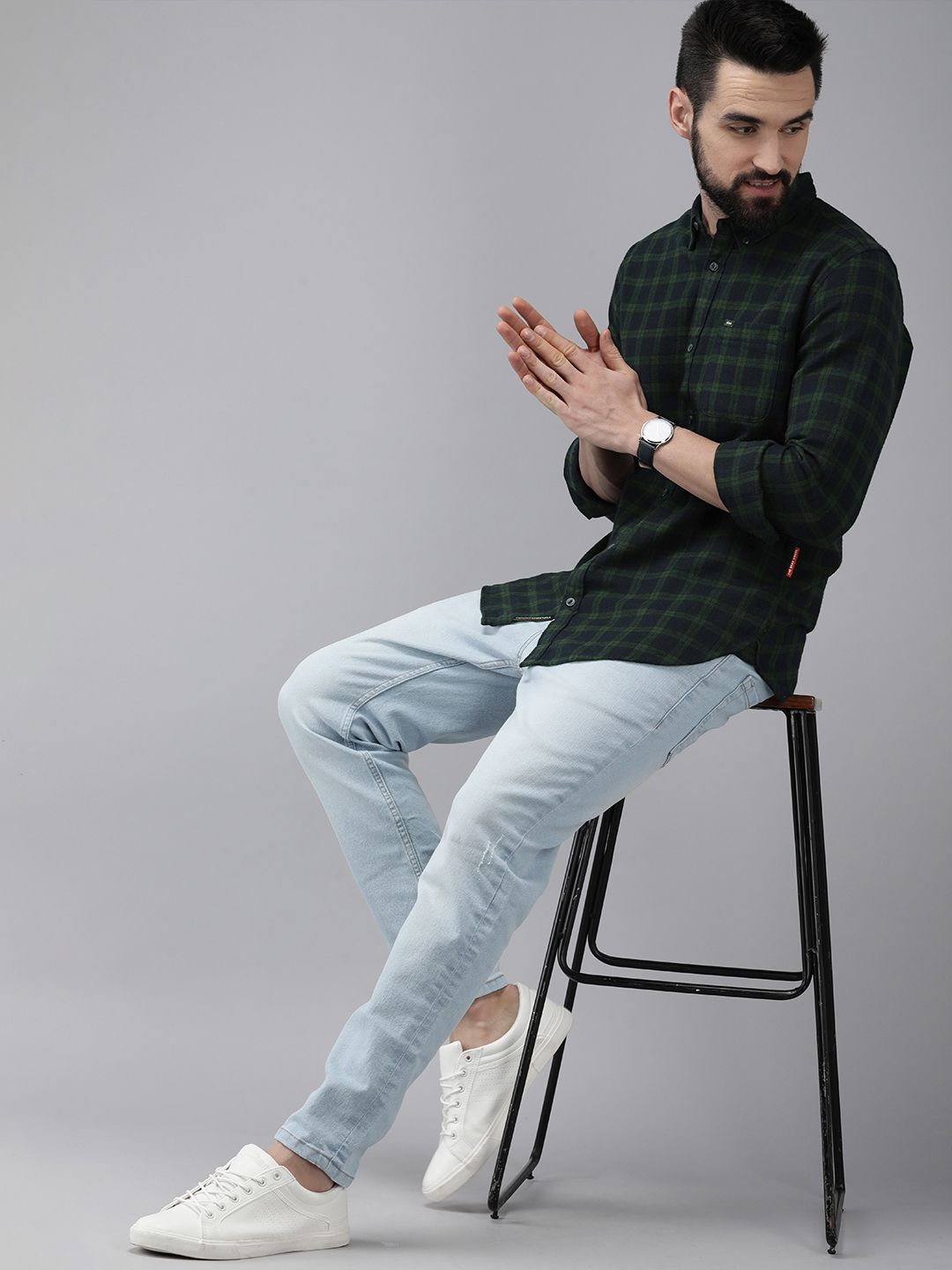 THE BEAR HOUSE Men Green & Navy Blue Slim Fit Checked Flannel Cotton Casual Shirt
