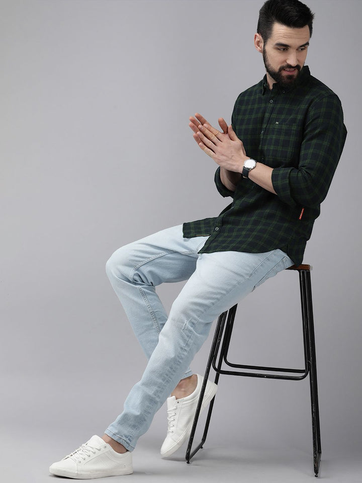 THE BEAR HOUSE Men Green & Navy Blue Slim Fit Checked Flannel Cotton Casual Shirt