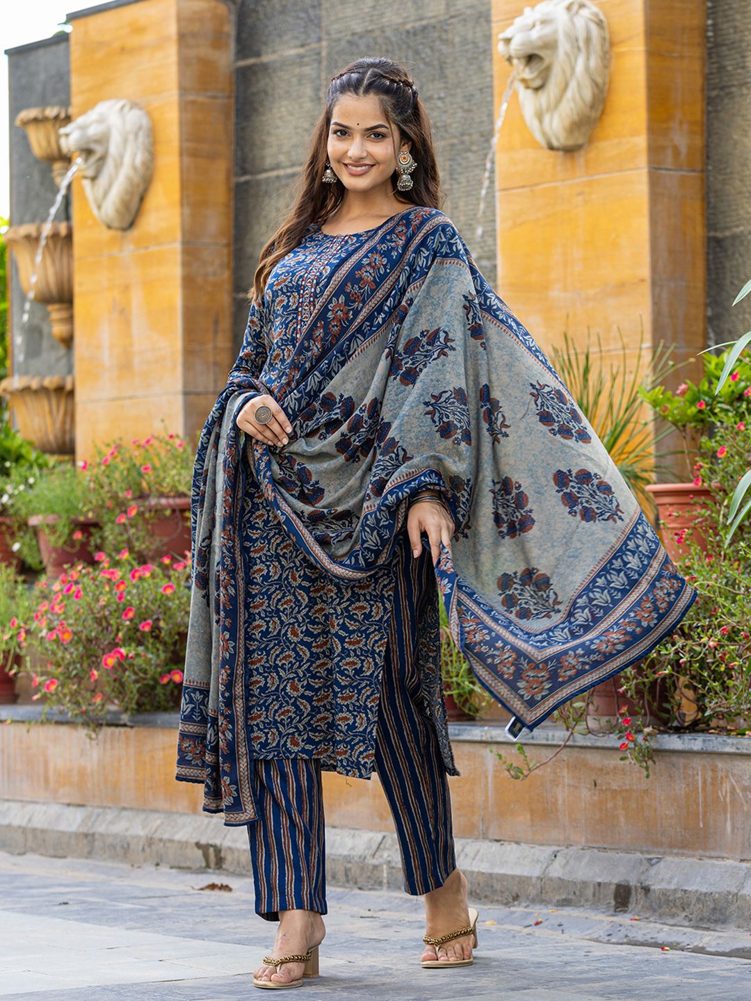 KALINI Floral Printed Thread Work Straight Kurta With Trousers & Dupatta