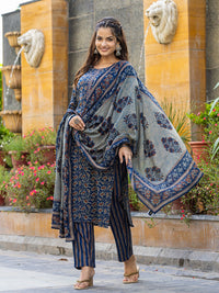 KALINI Floral Printed Thread Work Straight Kurta With Trousers & Dupatta
