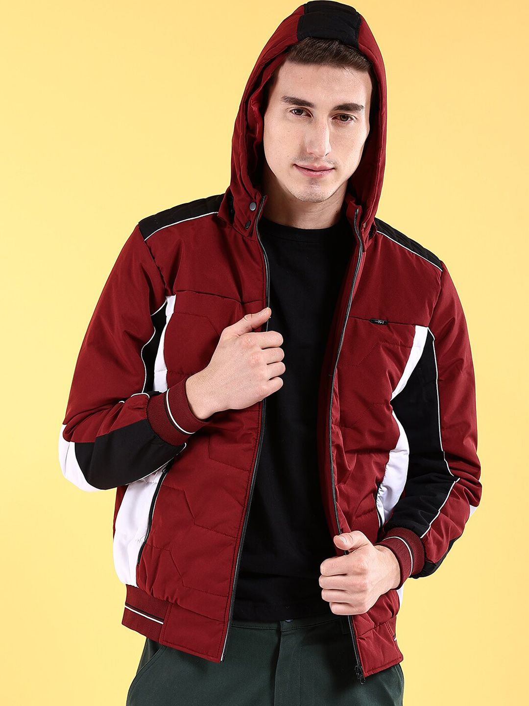 The Indian Garage Co Men Colourblocked Bomber Jacket with Hood