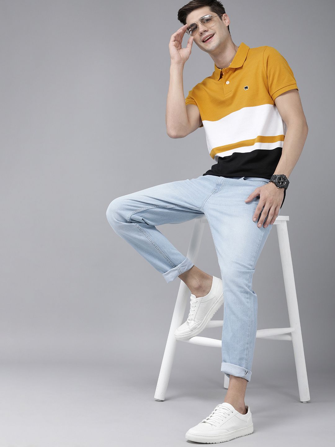 THE BEAR HOUSE Men Mustard Yellow  Black Colourblocked Polo Collar Slim Fit Pure Cotton T-shirt