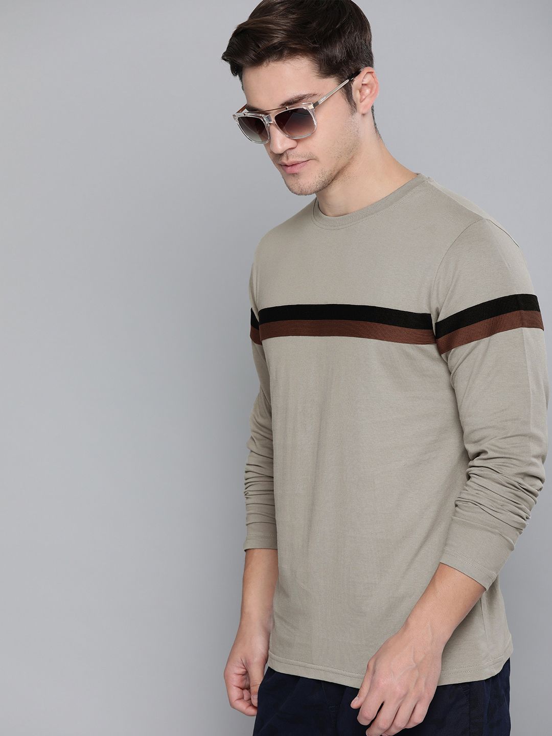 DILLINGER Men Grey  Black Striped Cotton Pure Cotton T-shirt