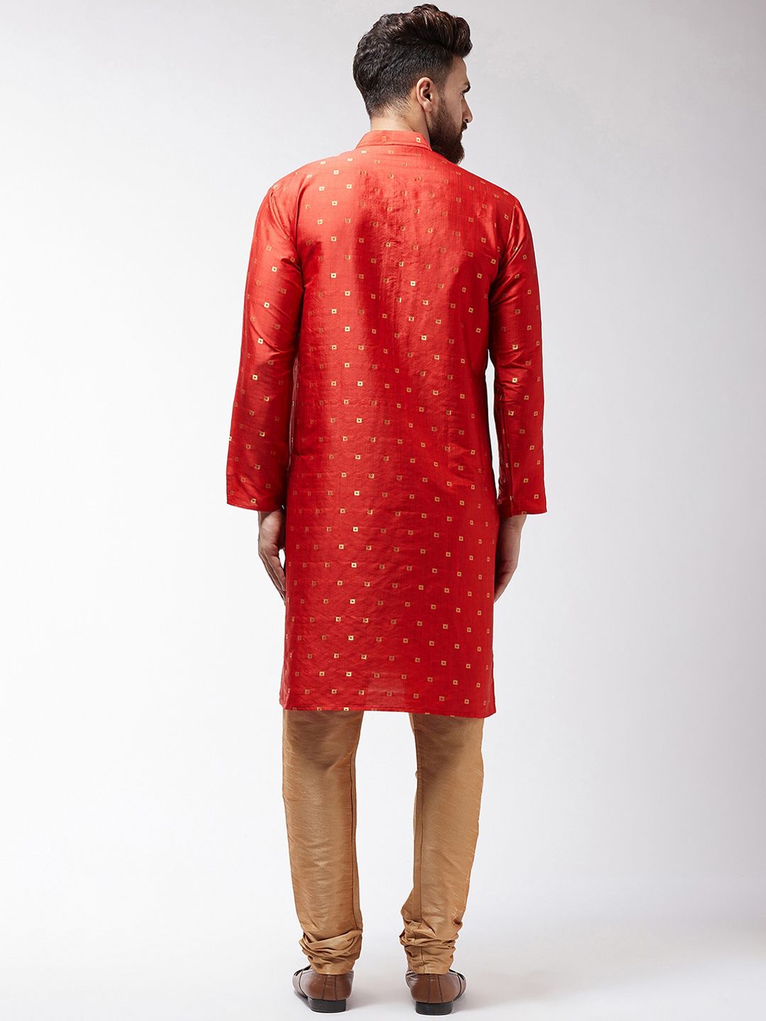 SOJANYA Men Orange & Gold-Coloured Self Design Kurta with Churidar