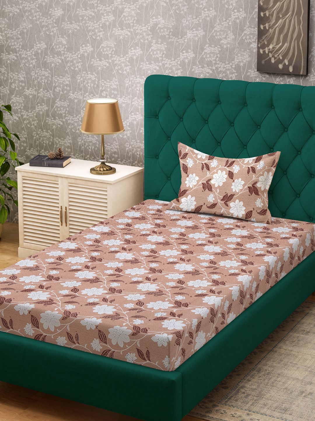 KLOTTHE Beige & White Printed Pure Cotton 400 TC Single Cadar Dengan Sarung Bantal