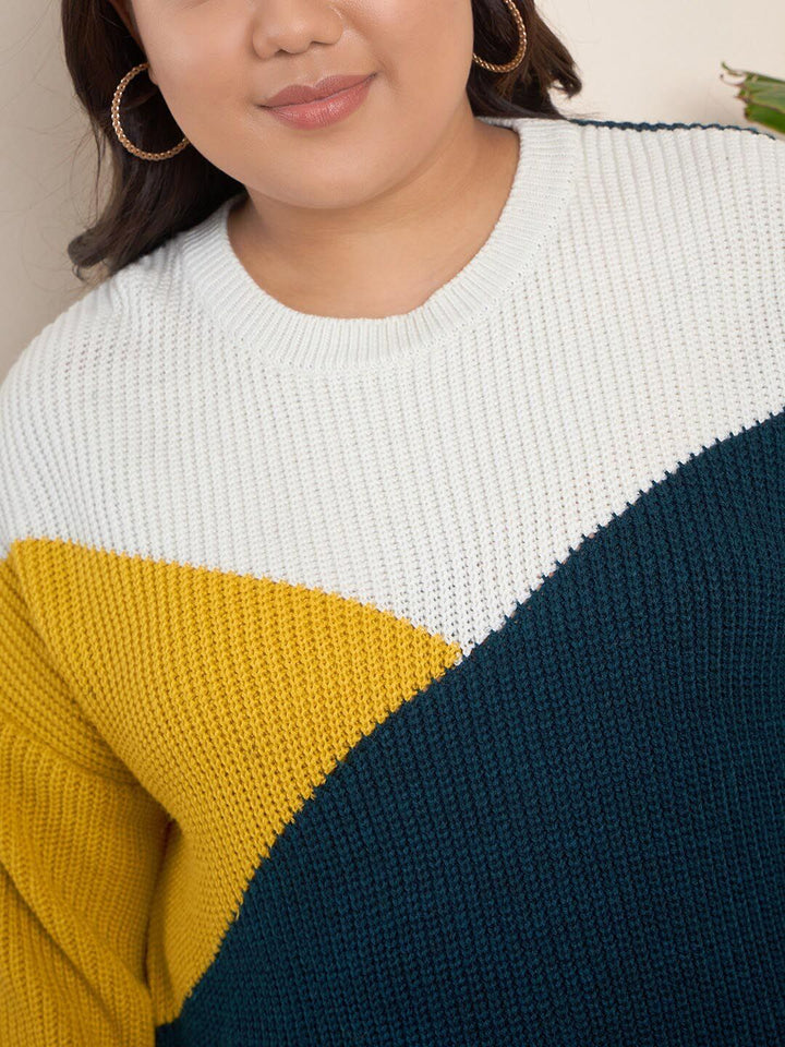 CURVY STREET Plus Size Colourblocked Pure Acrylic Pullover