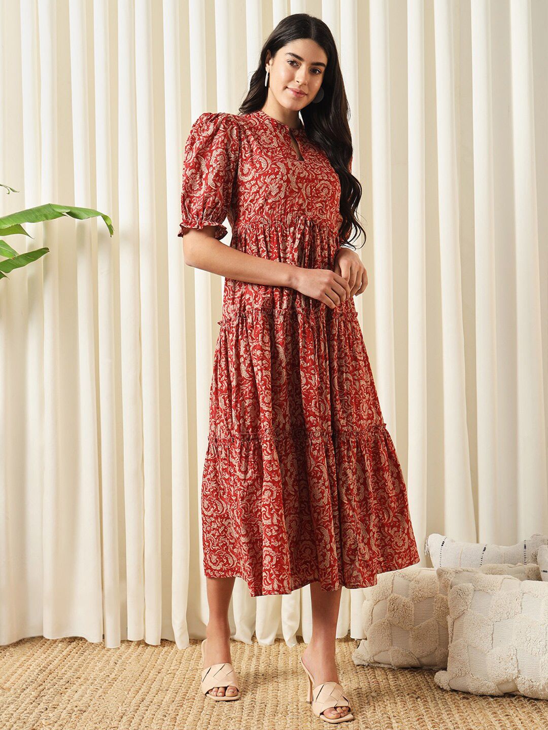 Kalini Floral Printed Mandarin Collar Puff lengan baju dan pakaian suar