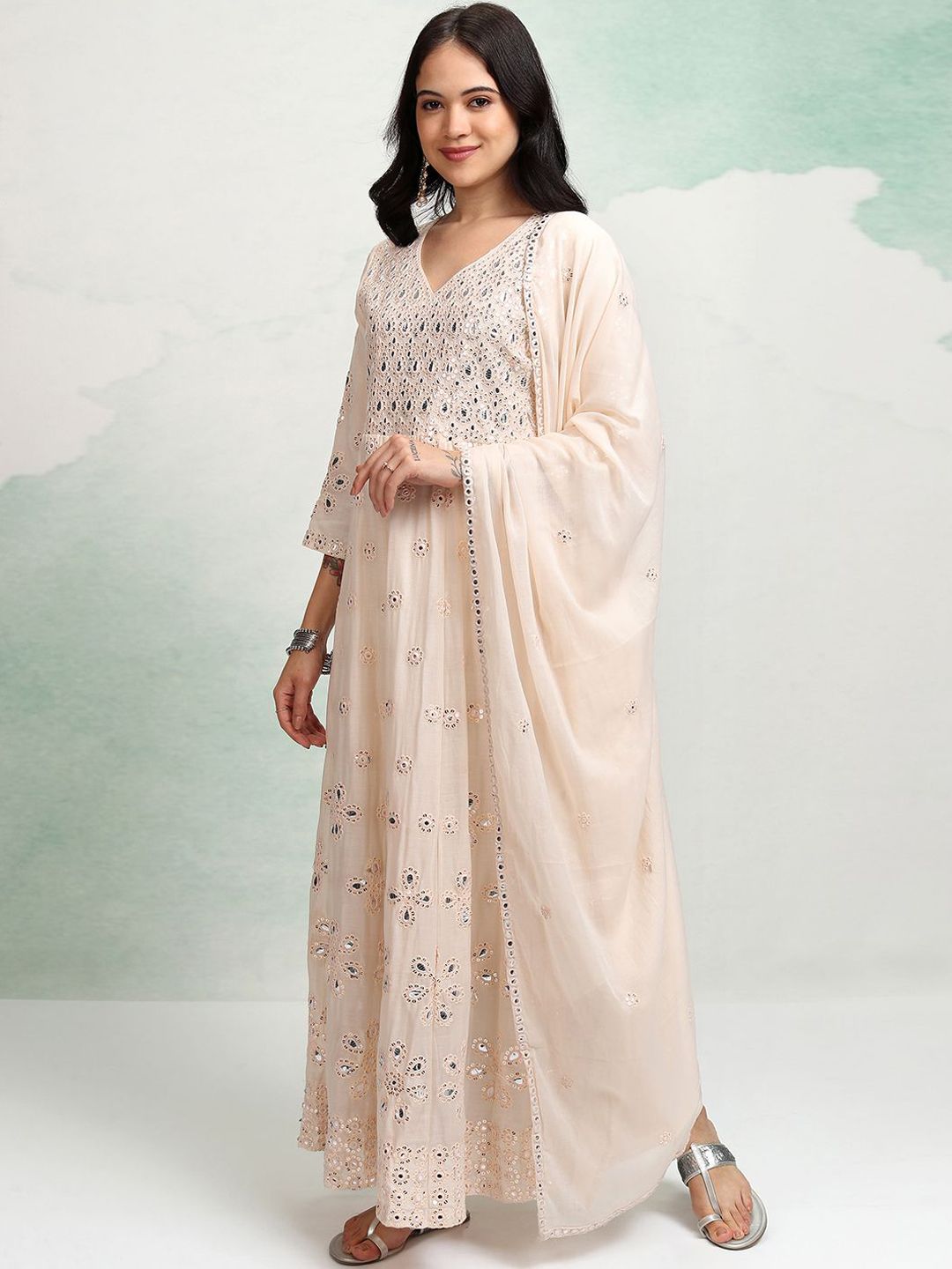 Vishudh Embroidered Regular Mirror Work Pure Cotton Anarkali Kurta Set