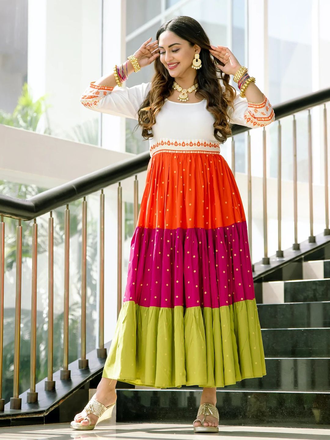 Rustorange Multicolor Colourblocked Tiered Maxi Dress