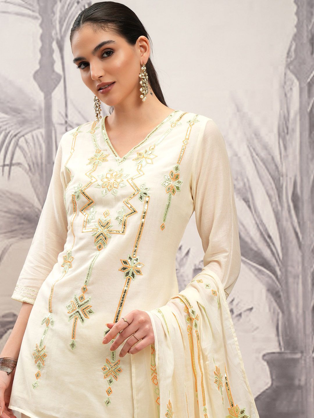 Vishudh Cream Ethnic Motifs Sequinned Pure Cotton Straight Kurta With Sharara & Dupatta