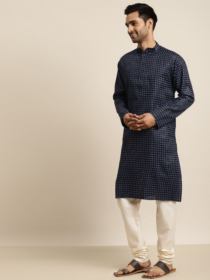 SOJANYA Lelaki Navy Blue & White Geometric Printed Kurta