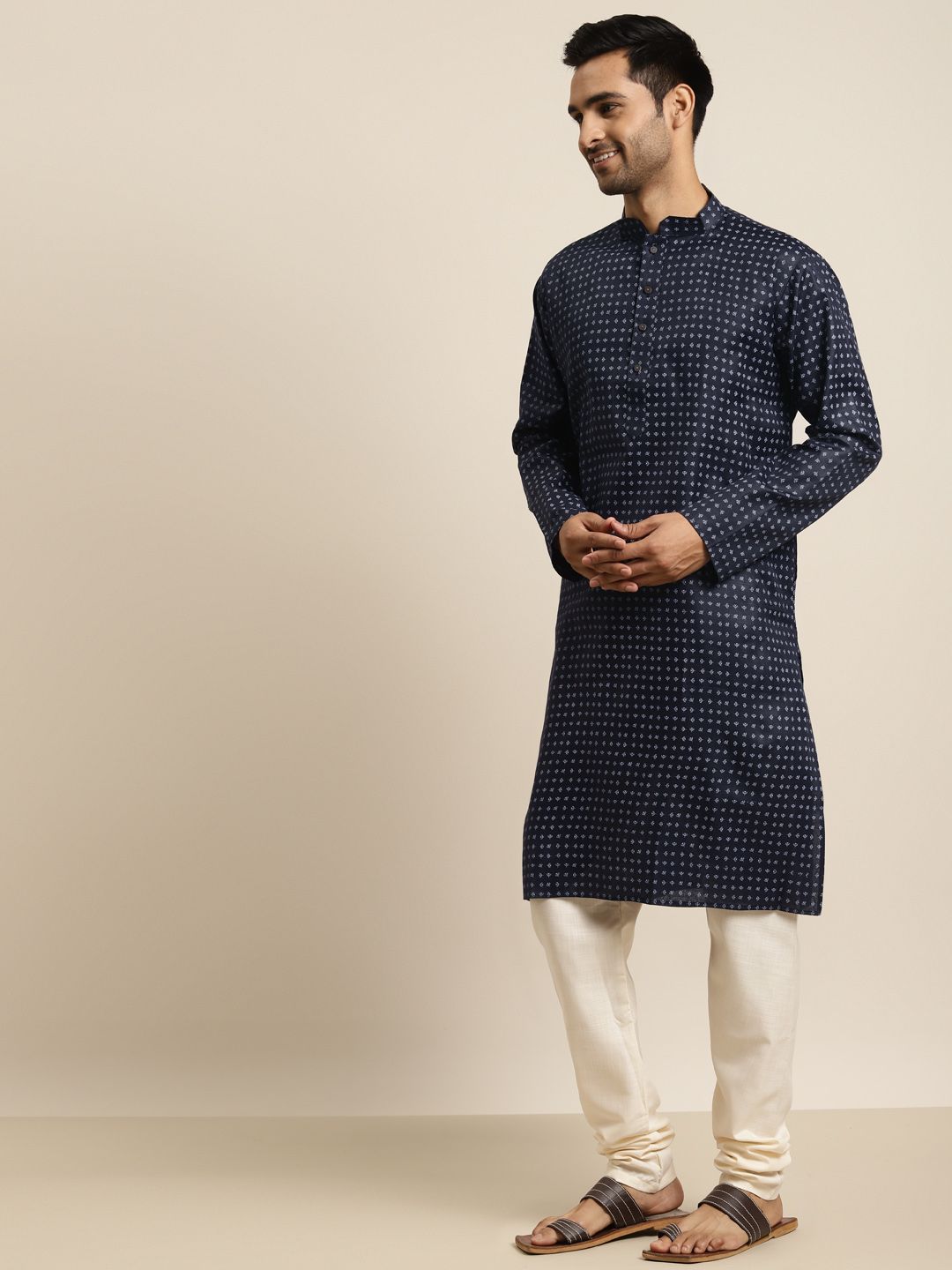 SOJANYA Lelaki Navy Blue & White Geometric Printed Kurta