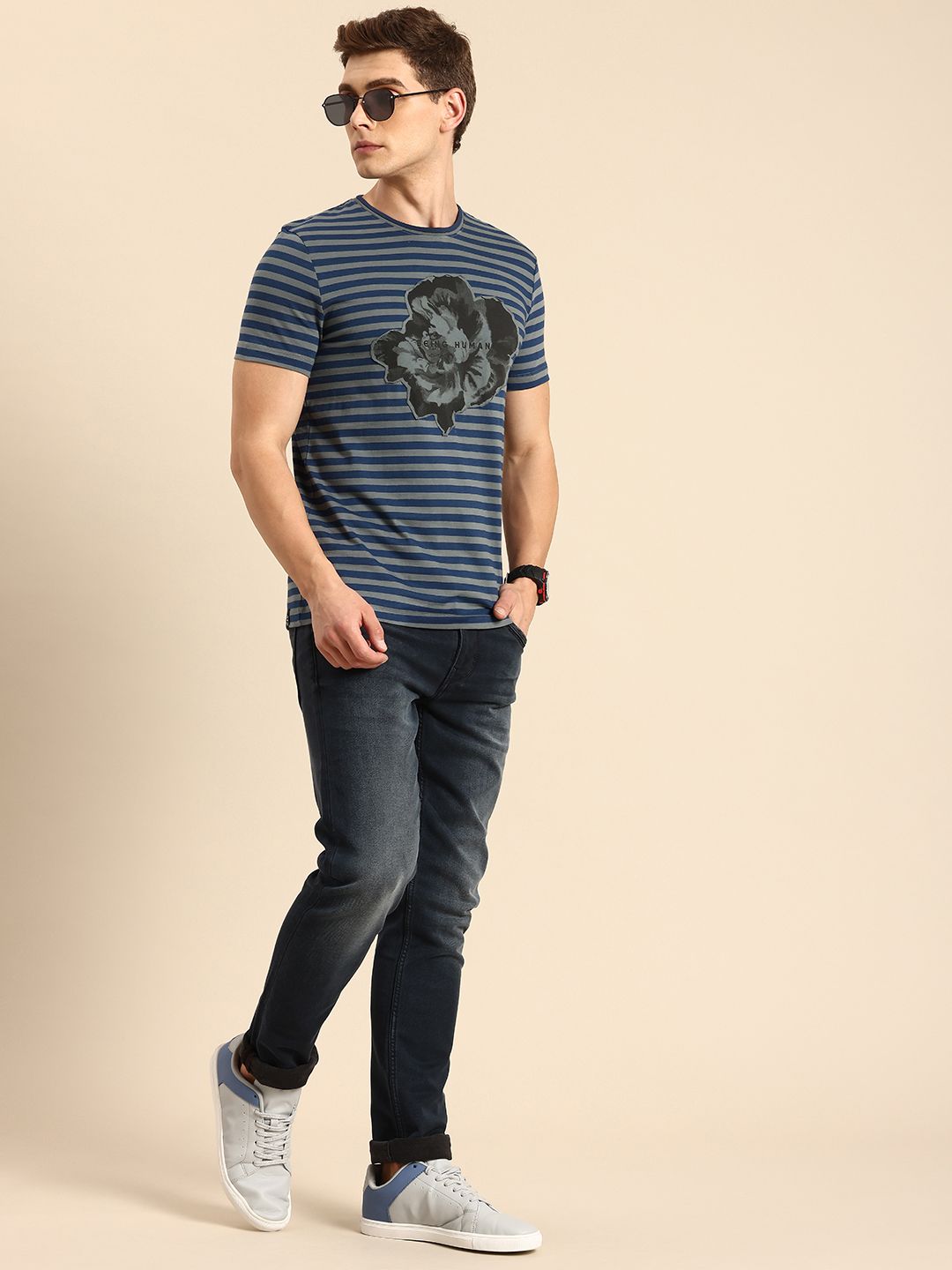 Being Human Pure Cotton Striped Applique T-shirt