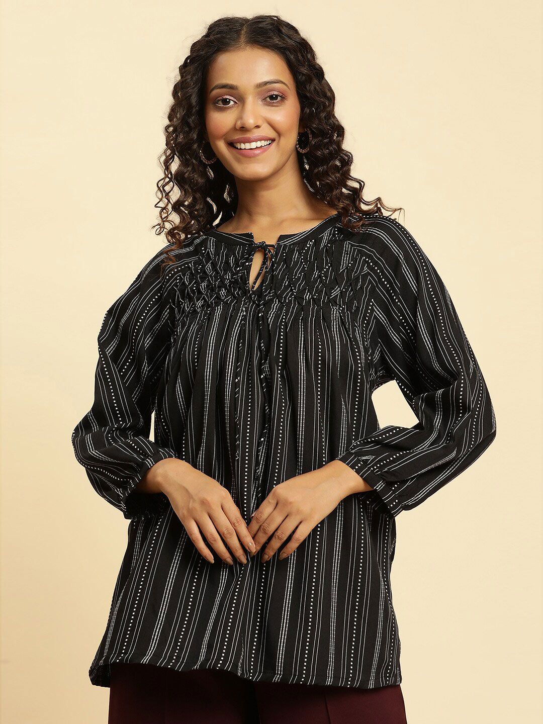 W Black Striped Tie-Up Neck Raglan Sleeves Longline Top