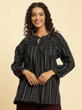W Black Striped Tie-Up Neck Raglan Sleeves Longline Top