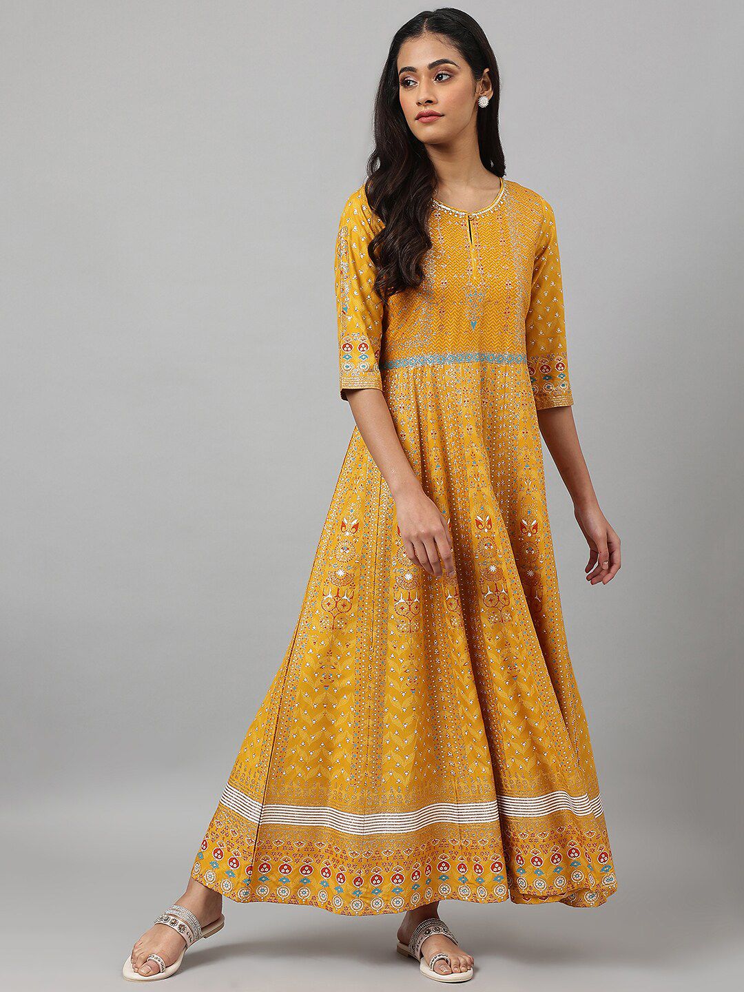 W Yellow Ethnic Motifs Keyhole Neck Ethnic Maxi Dress