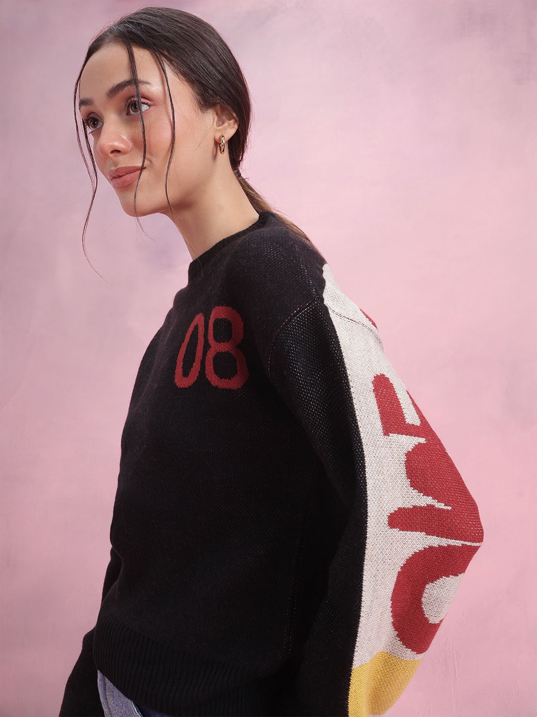 DressBerry Typography Colourblocked Flared Sleeve Pullover