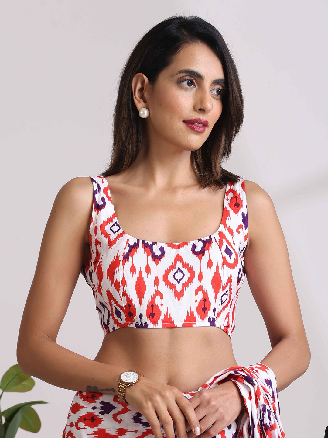 trueBrowns Carrot Muslin Ikat Sleeveless Saree Blouse