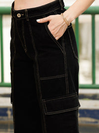 STREET 9 Women Black Relaxed Wide Leg High-Rise Pure Cotton Cargo Trousers