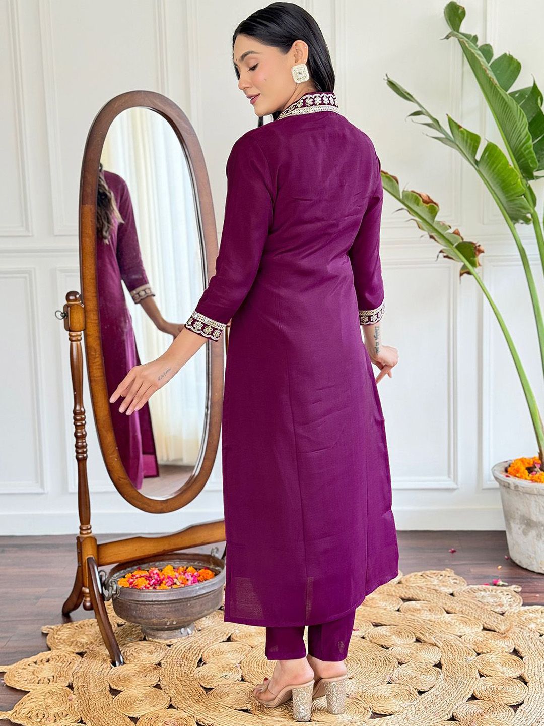 KALINI V-Neck Yoke Design Sequinned Straight Kurta with Trouser & Dupatta