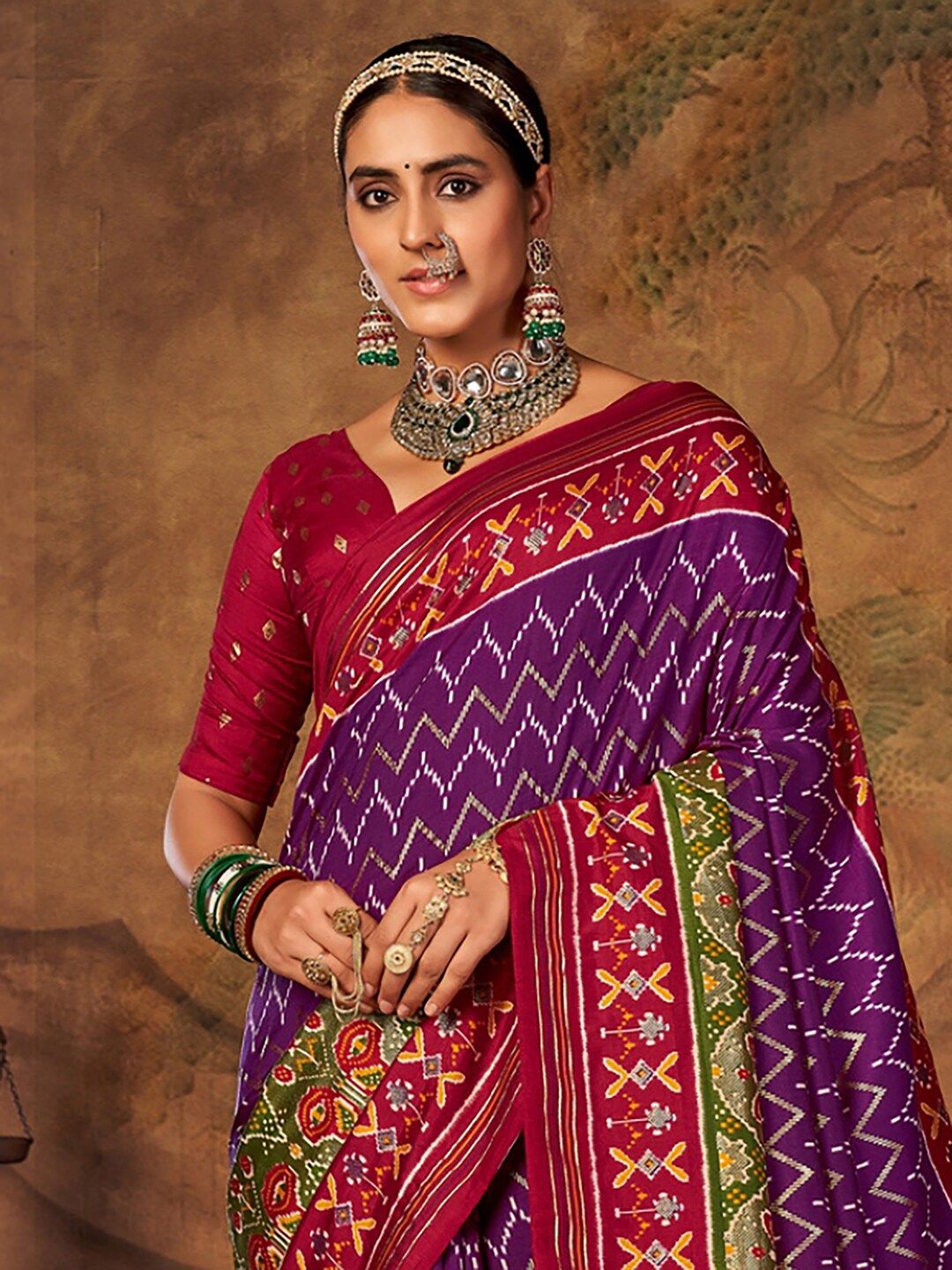 Saree mall Purple & Red Ethnic Motifs Printed Patola Saree