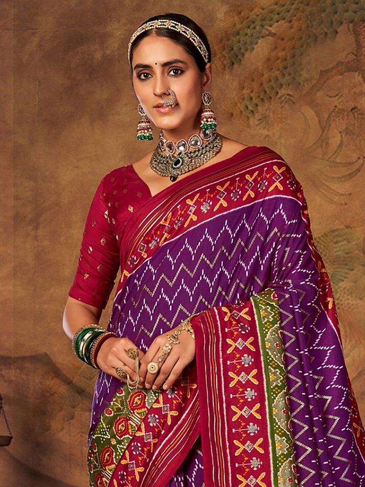 Saree mall Purple & Red Ethnic Motifs Printed Patola Saree