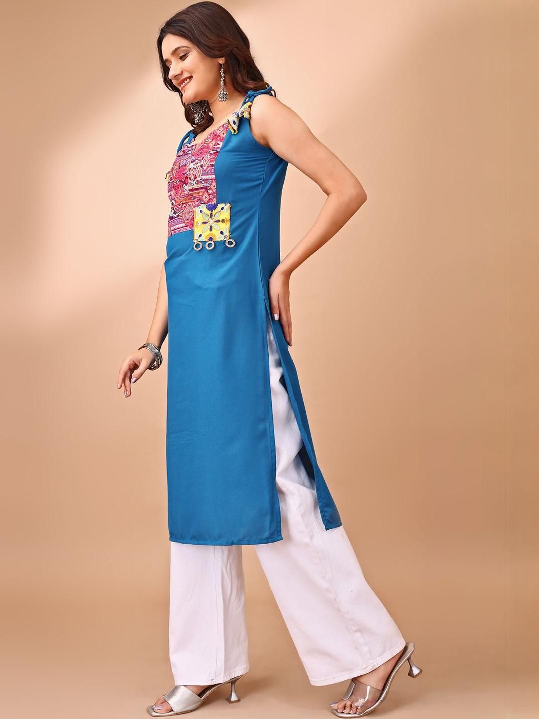 Kalini Women Rayon Patch Work Shouler Strep Summer Sleeveless Kurta
